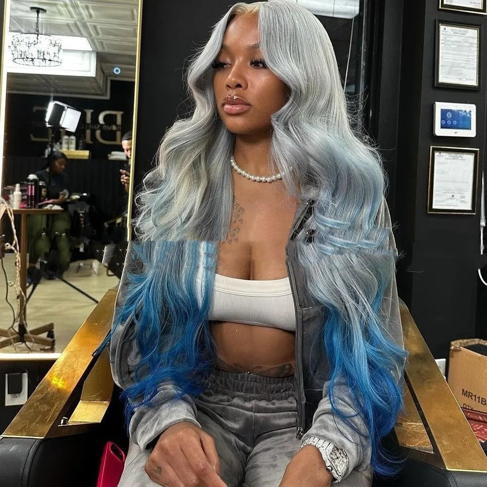 Gradient grey blue lace front wig with transparent lace and human hair material in Ruli style