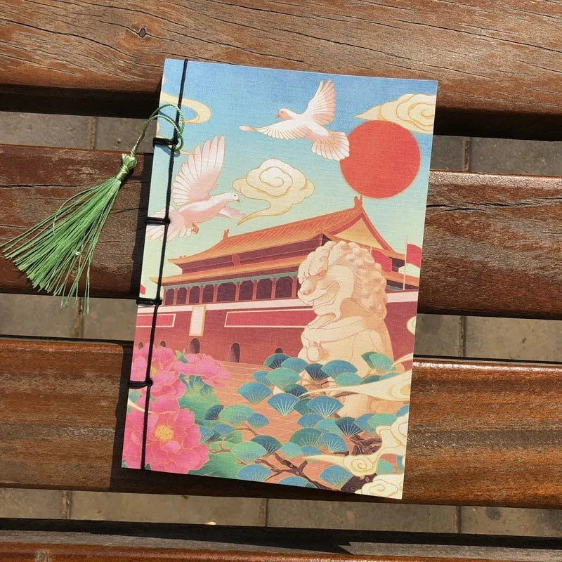 A5 antique thread-bound notebook with embossed cover and decorative tassels