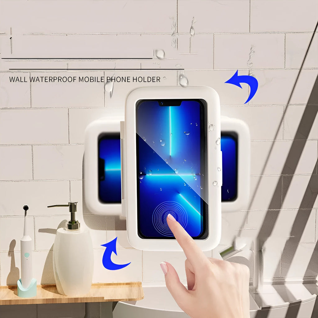 Waterproof shower phone case with touch screen mounted on bathroom tile holding mobile phone