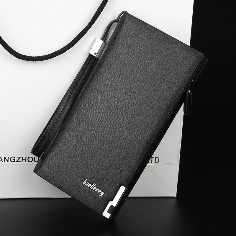 Men's black PU leather wallet with a silver multifunctional zipper closure.