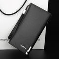 Men's black PU leather wallet with a silver multifunctional zipper closure.