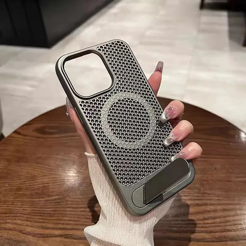 Magnetic suction breathable bracket phone case for Apple iPhone 16 Pro Max in titanium gray with metal acrylic build