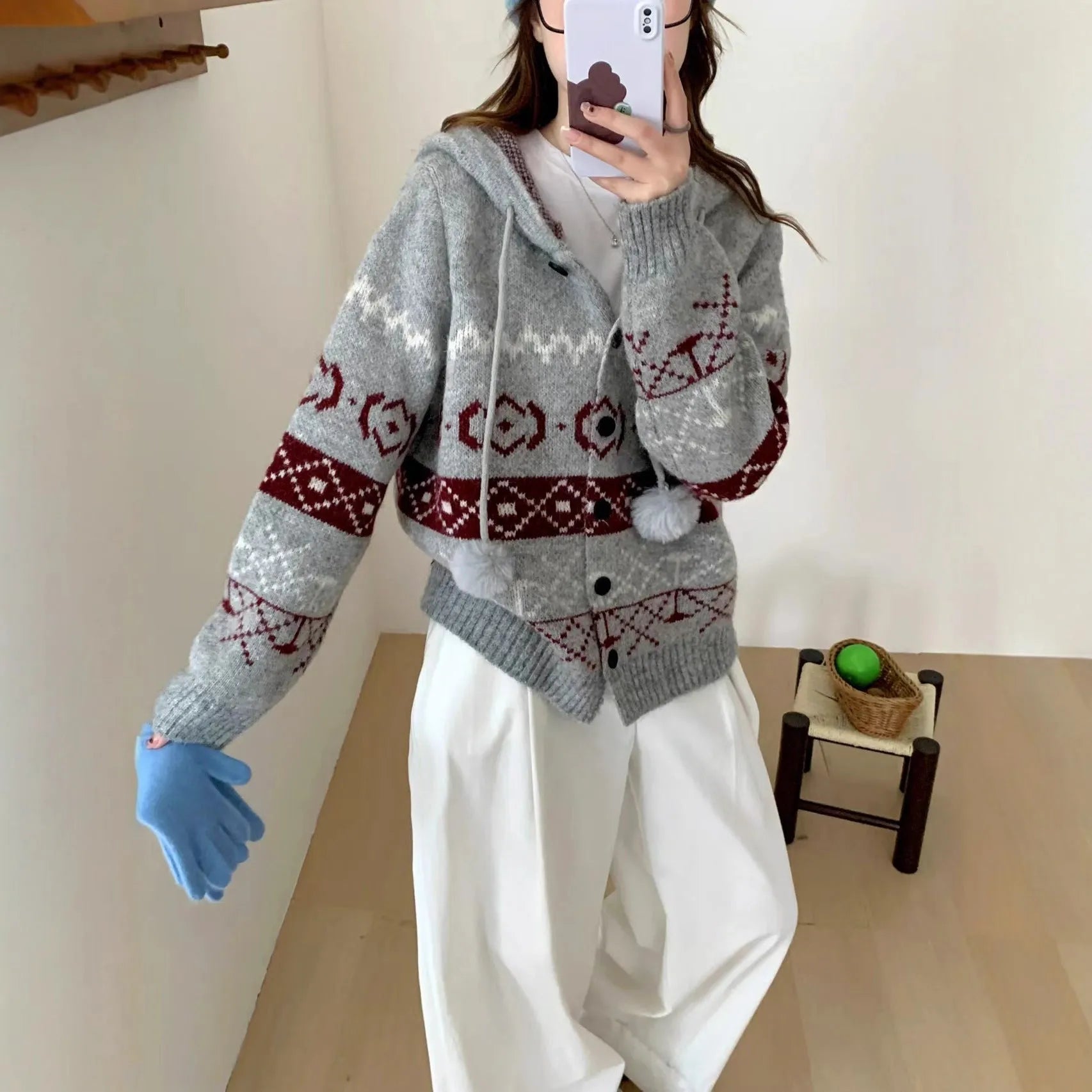 Women's geometric pattern brocade sweater coat in milky white loose fit plus size