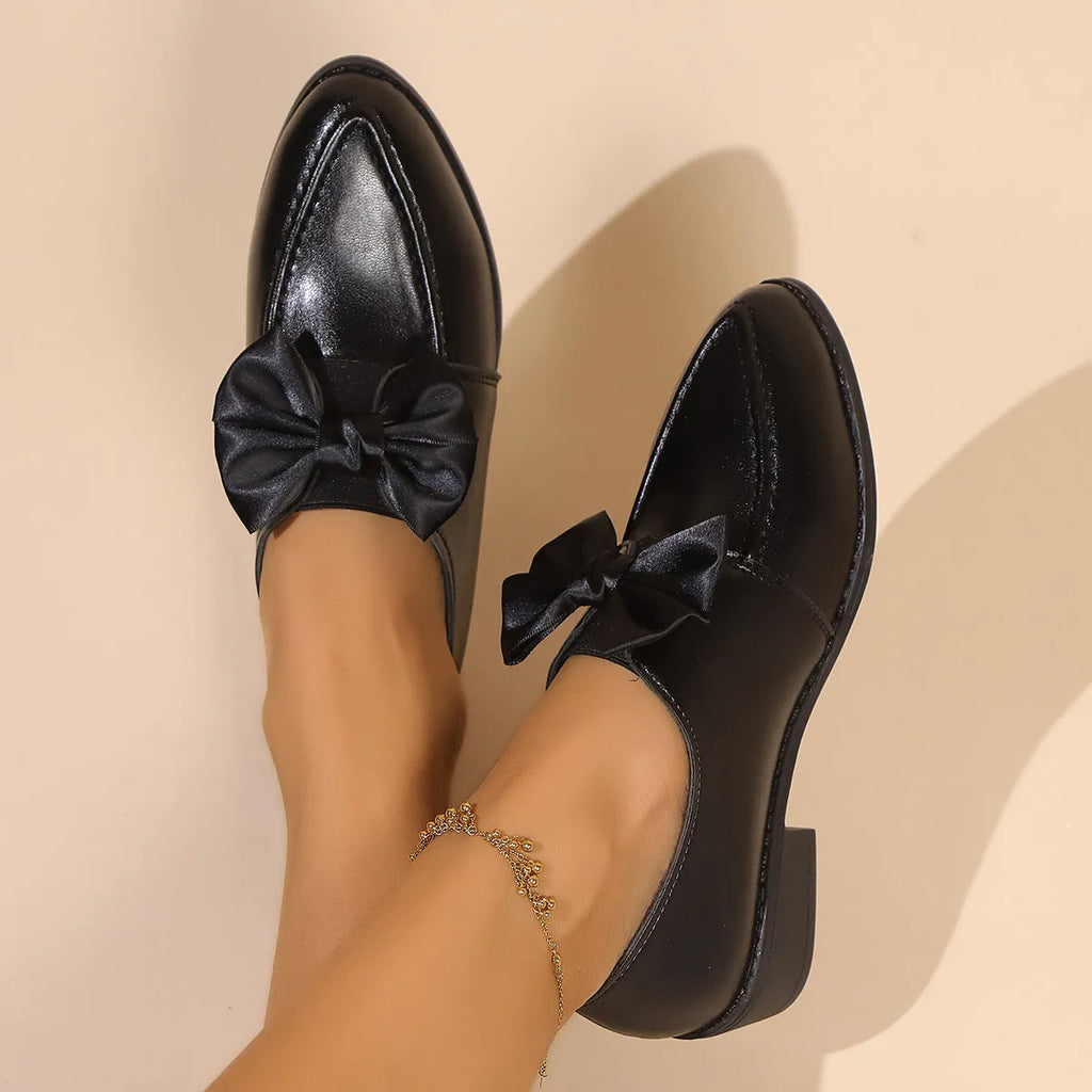 Women's British-style PU leather shoes with bow detail and rubber sole in size 36-43