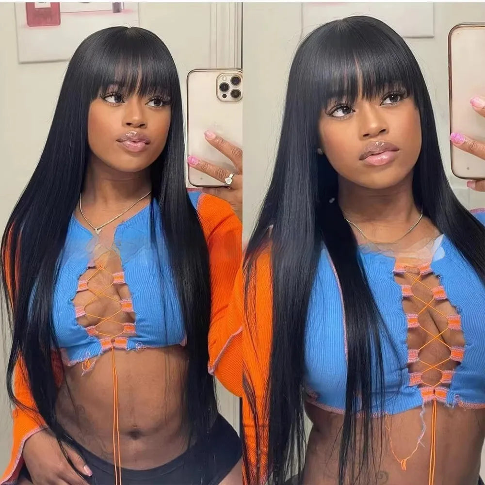 Women's natural colour human hair full-mechanism wig on a model, showing long length and full volume.