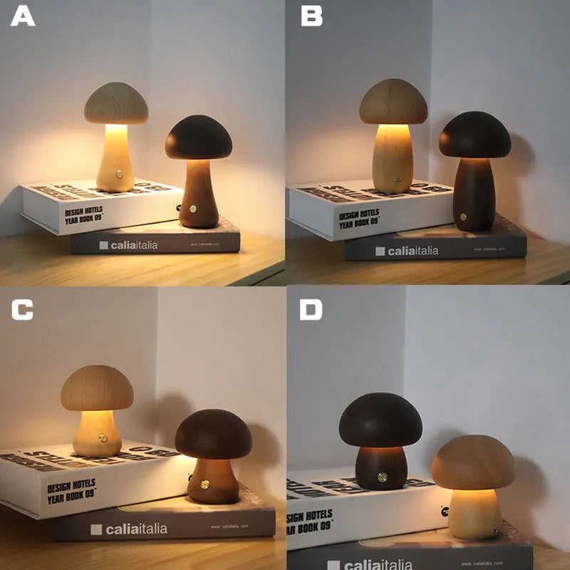 Wooden mushroom LED night light with touch switch in walnut finish on a bedside table