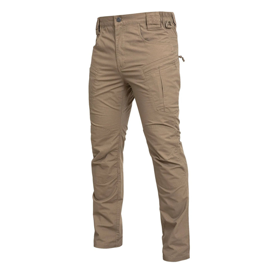 Loose men's cargo pants in khaki with multi pockets and cotton blend fabric