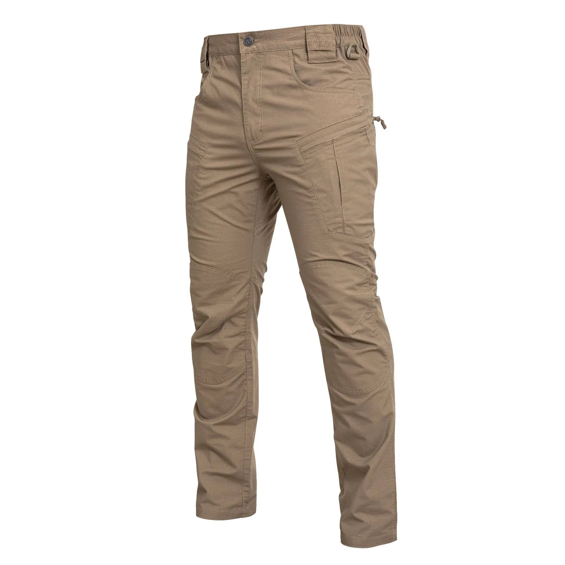 Loose men's cargo pants in khaki with multi pockets and cotton blend fabric