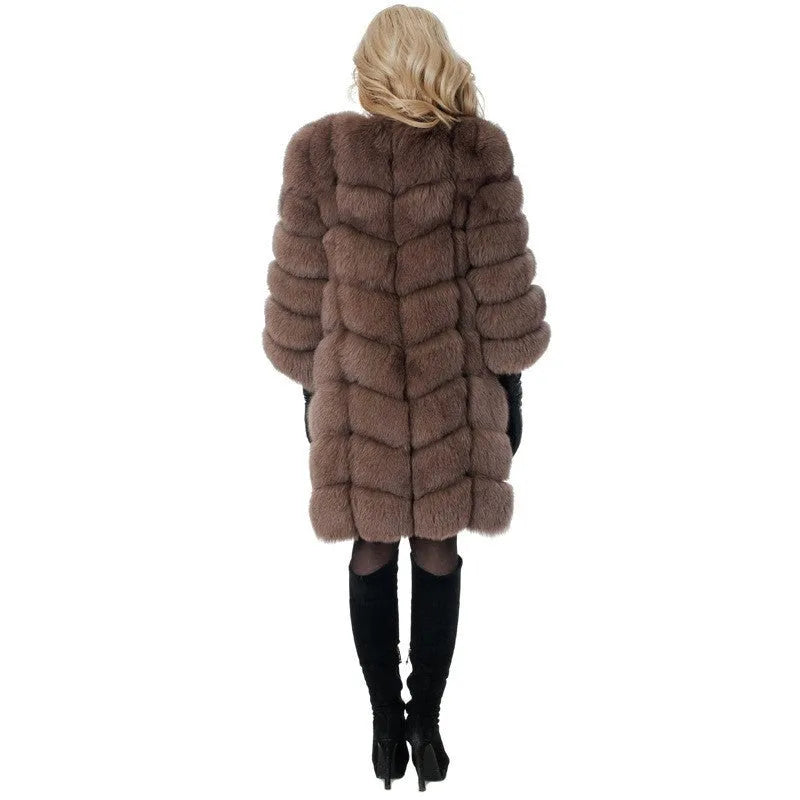 Women's long artificial fur coat in a wine red colour, showing regular sleeves and a mid-length fit.
