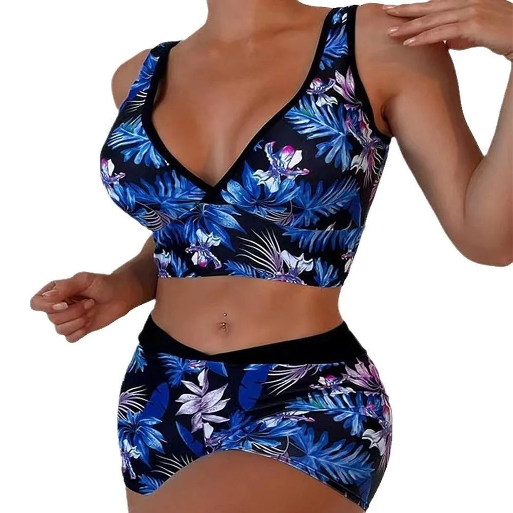 Women's two-piece printed boxer swimsuit in polyester with sleeveless top and briefs bottom