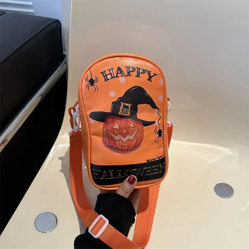 Halloween graffiti print crossbody bag with cartoon pumpkin ghost bat design in orange colour