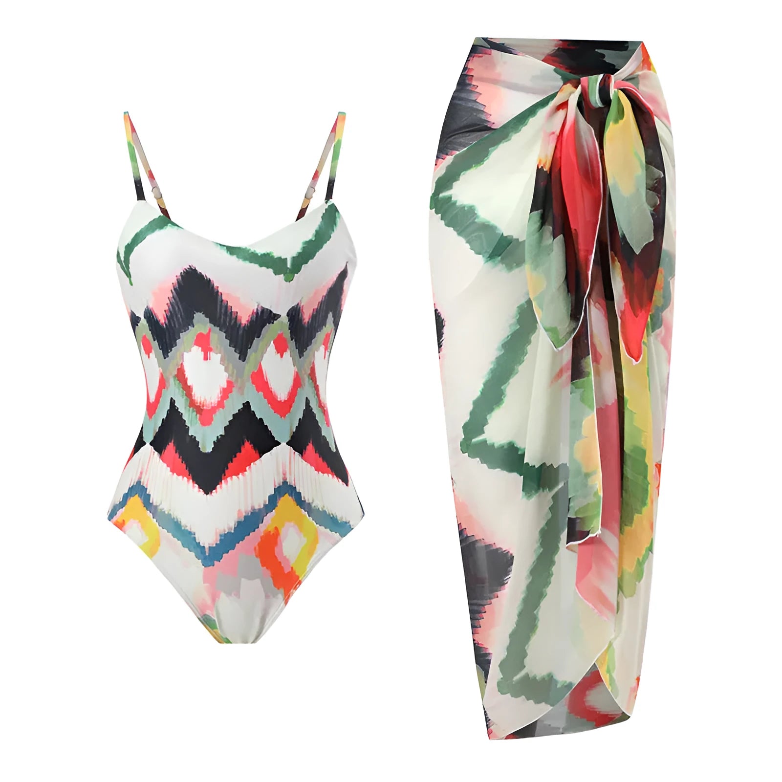 Women's gradient striped swimsuit set with matching hip skirt in polyester fabric