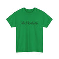 Green women's cotton short-sleeve t-shirt with a white printed letter design on the front.