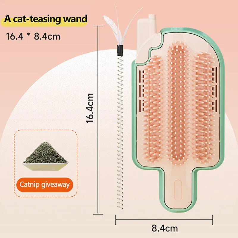 Ice cream cone-shaped cat scratching post with feather teaser in corner placement