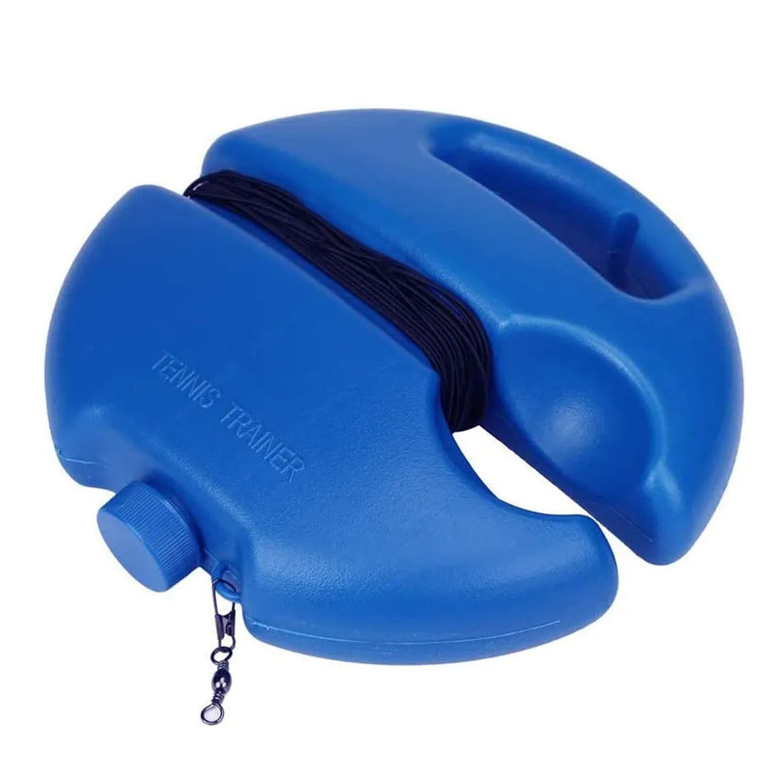 Blue round kettle tennis trainer with attached ball on line, chemical fibre construction, 20.5x20 cm size