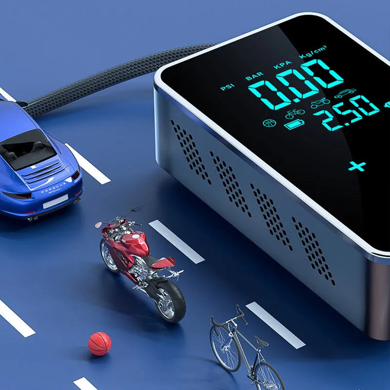 Wireless car tyre pressure inflator with LCD screen showing pressure reading