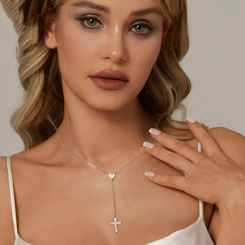 Simple V-neck love cross necklace for women with 925 silver pendant on O-ring chain