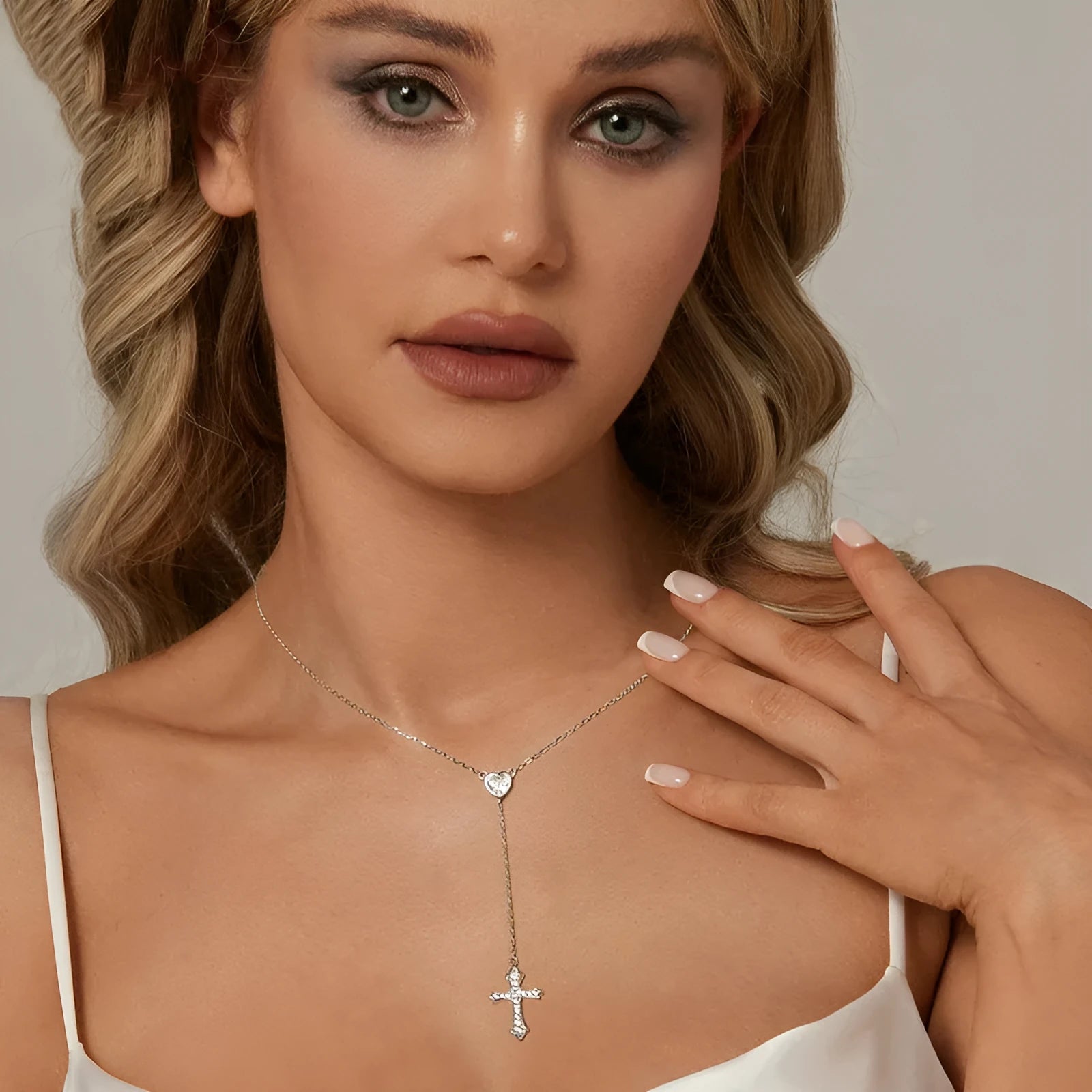 Simple V-neck love cross necklace for women with 925 silver pendant on O-ring chain