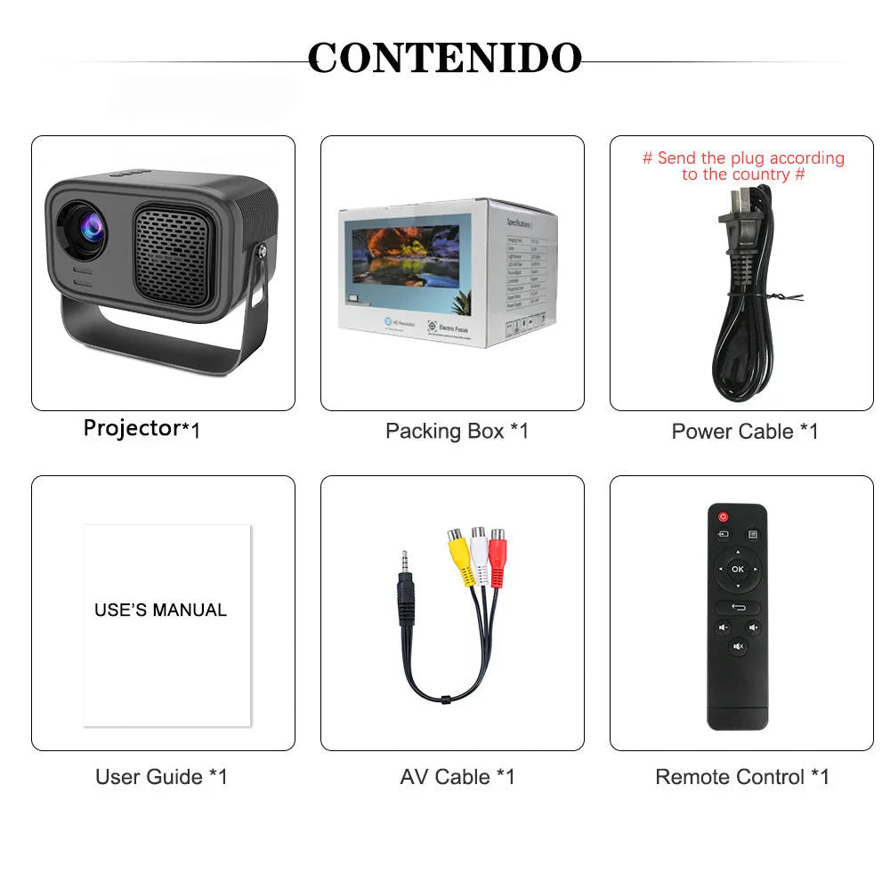Black portable HD smart projector with remote control on table