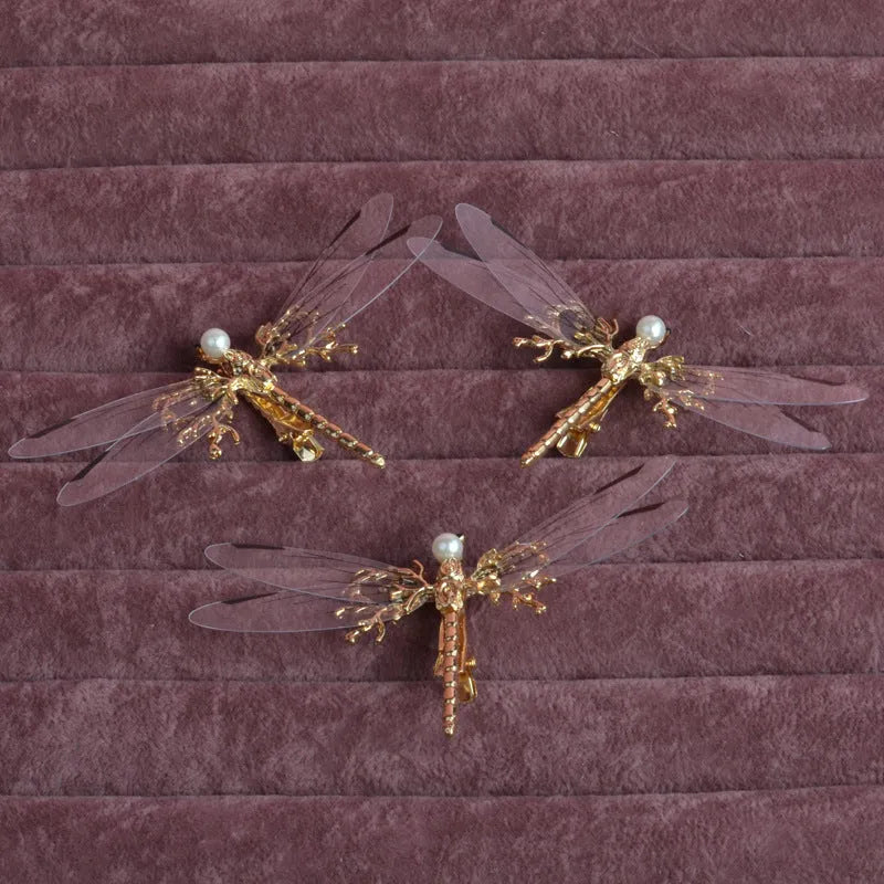 Golden dragonfly side clip headdress hair accessory with electroplated alloy construction