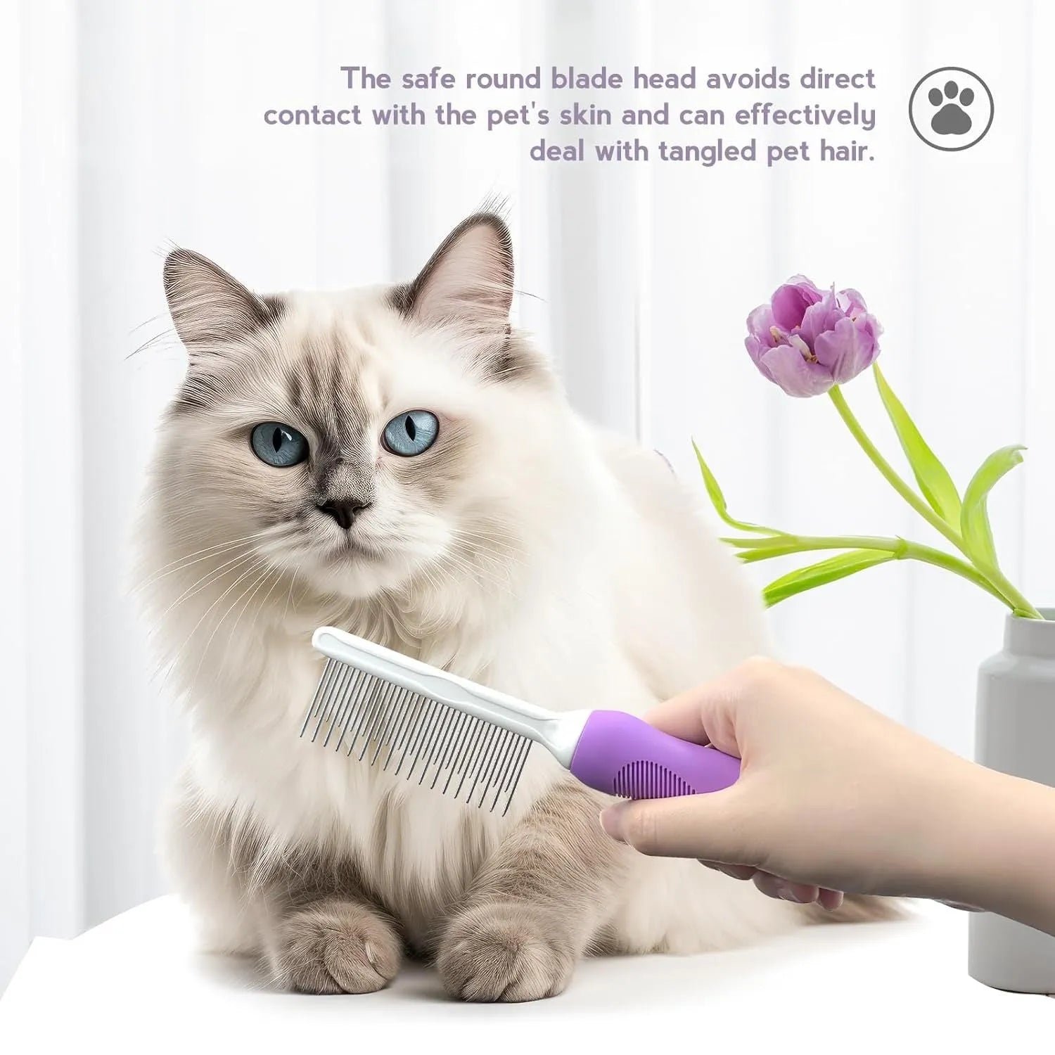 Purple pet grooming comb with stainless steel teeth and ergonomic handle for dog and cat grooming