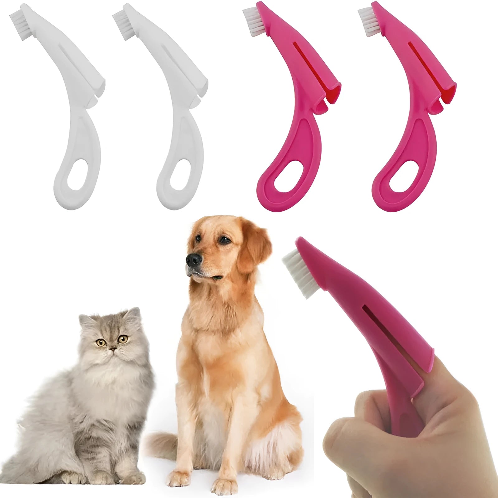 Red and white pet finger toothbrushes with silicone bristles for dog and cat dental care