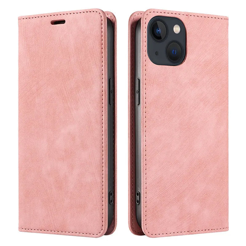 Magnetic flip phone case for iPhone in black, showing TPU frame and leather cover.