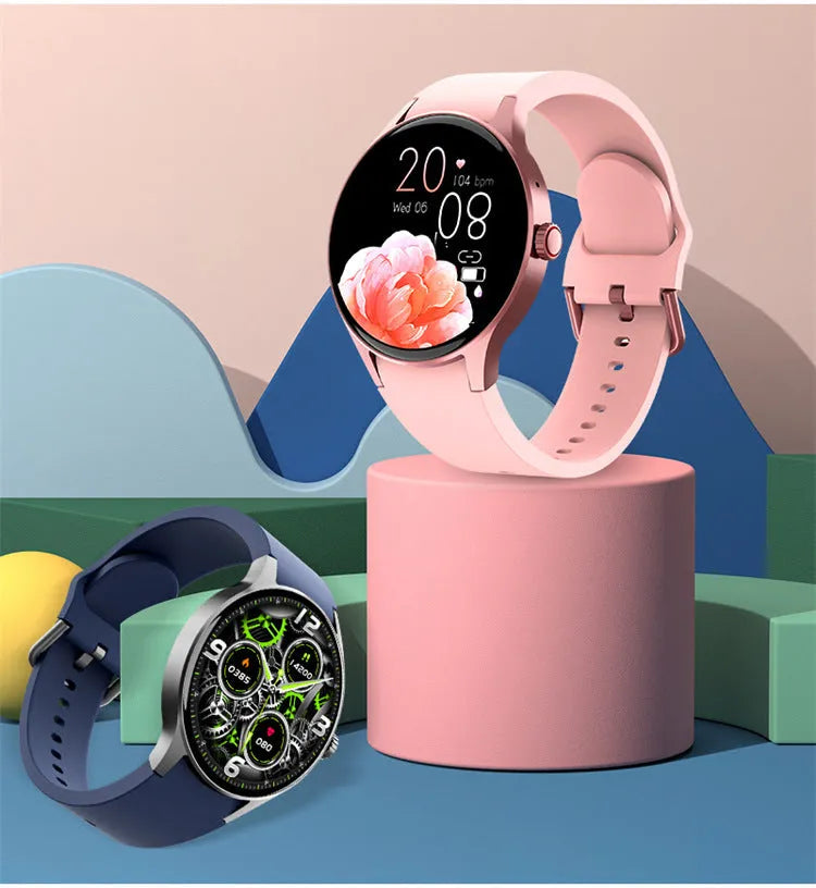 Black unisex smart sport watch with a round screen on a wrist, showing a watch face.