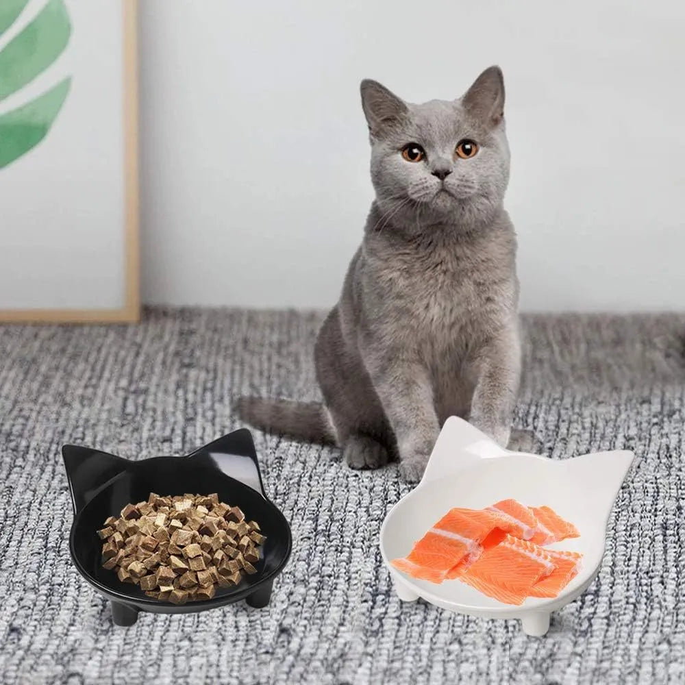 Shallow black cat food bowl with rubber anti-skid base for whisker fatigue relief