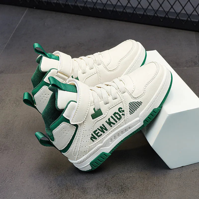 Children's beige green street sneakers with a buckle closure, PU upper, and rubber sole.