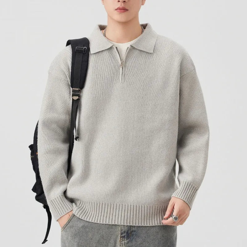 Men's turn-down collar half-zip loose fit sweater in coffee colour, long sleeves, synthetic fibre blend knitwear