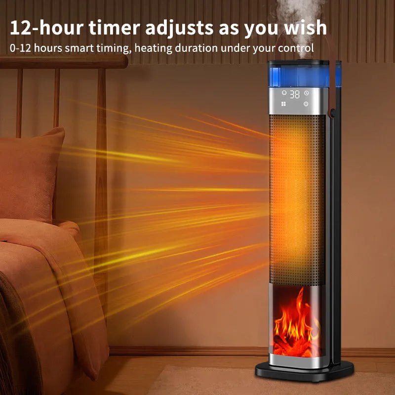 Tall, vertical PTC ceramic space heater with humidifier function and remote control.