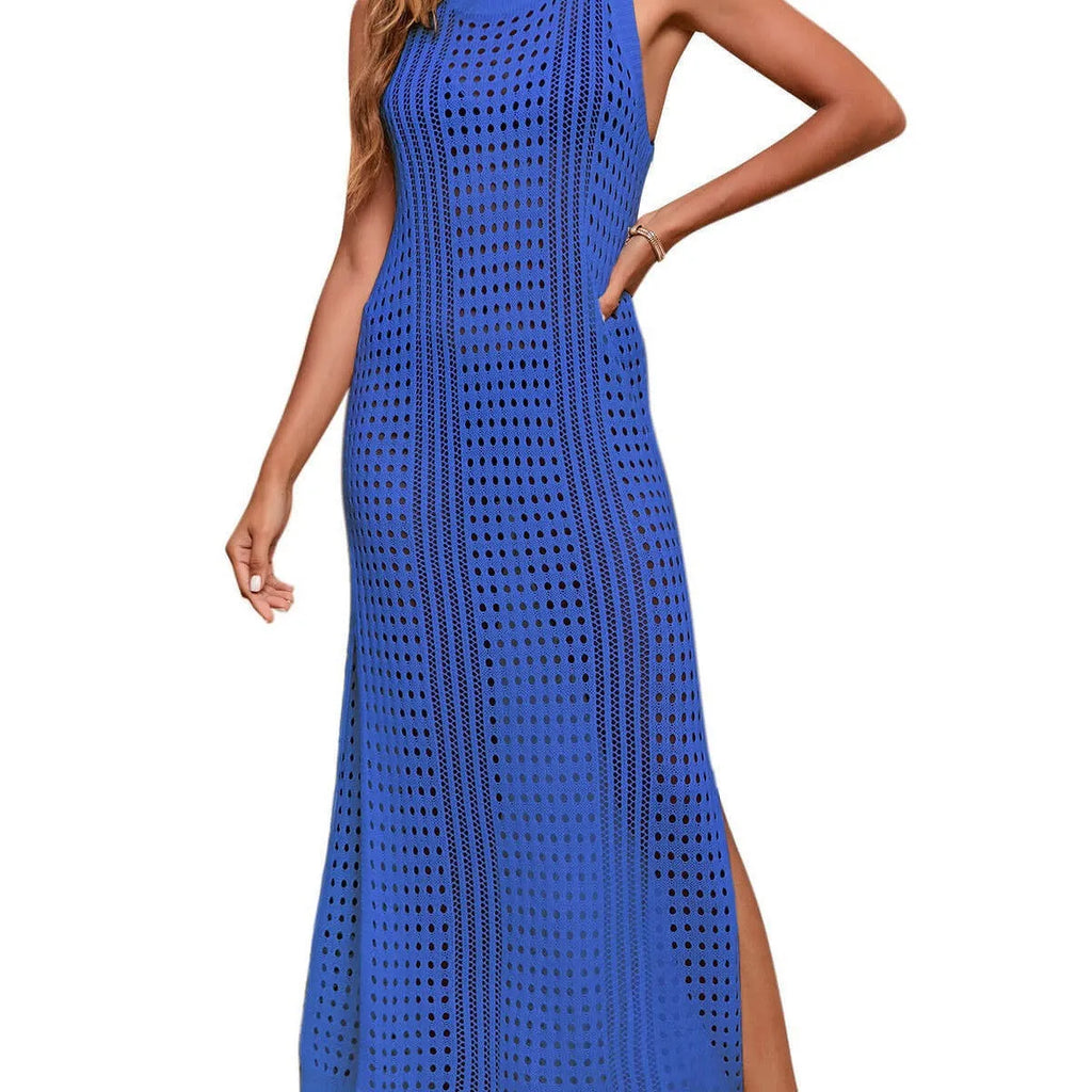 Women's long loose hollow-out knitted beach blouse in a solid colour with a cotton blend lining.