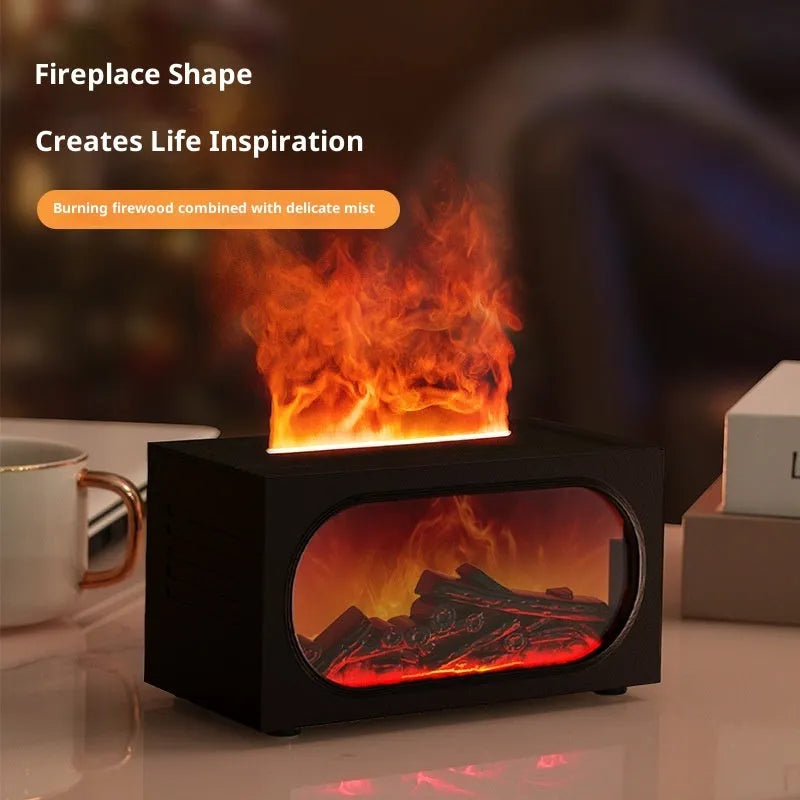 Black desktop fireplace aroma diffuser with colourful simulation flame and remote control