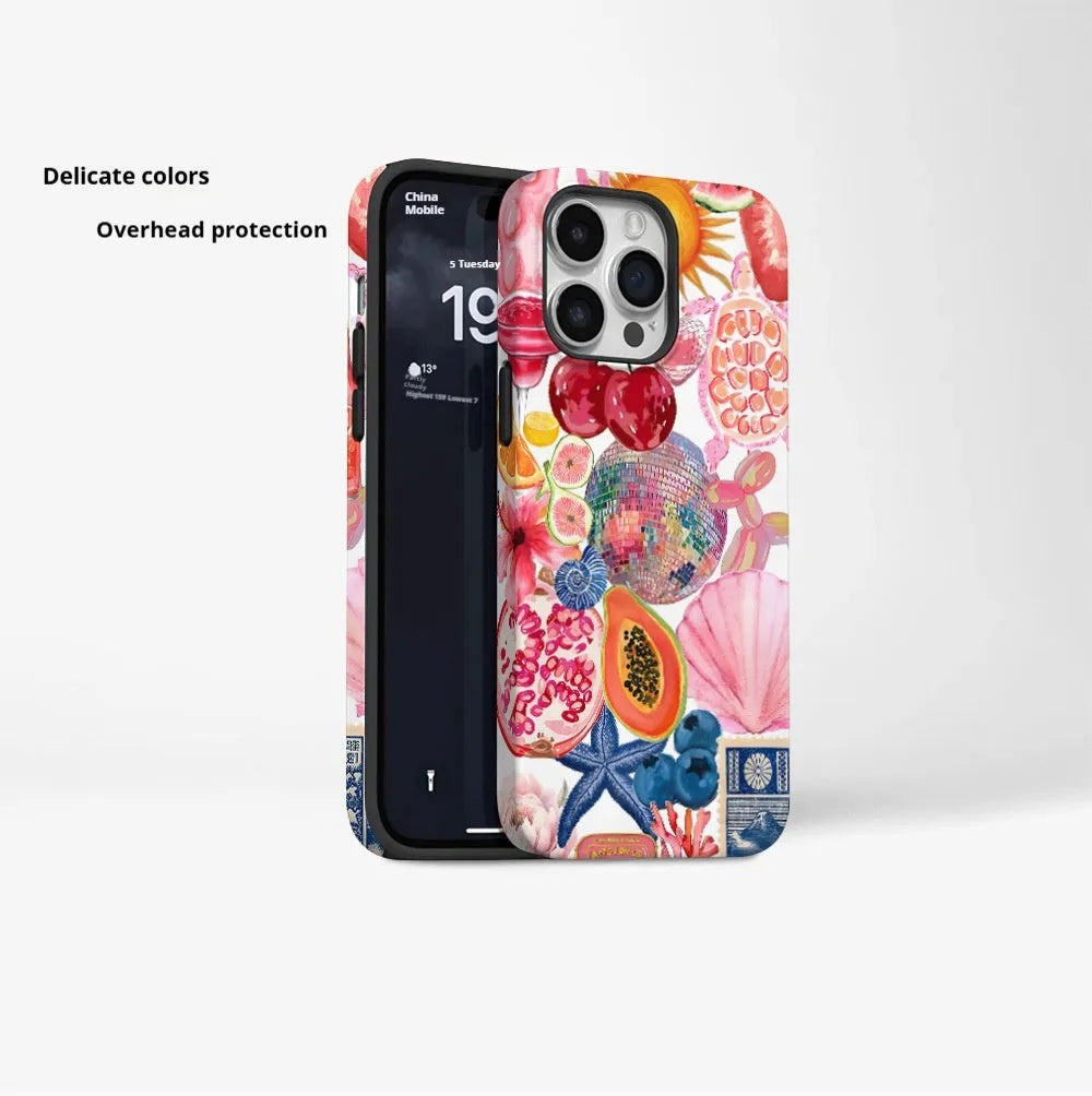 Creative minimalist marine bio printed phone case in white, double-layer feilin film shell for iPhone 11 to 16