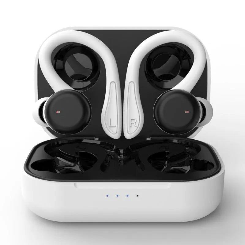 Noise-cancelling true wireless sports headphones with hanging ear design and removable ear hooks in multiple colours