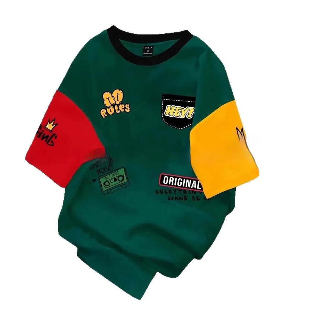 Printed loose fit T-shirt showing letter pattern design in trendy colour combination on polyester fabric.