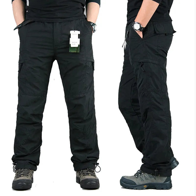 Men's stone-washed cotton overalls with wool lining in loose straight-leg fit, shown in khaki colour
