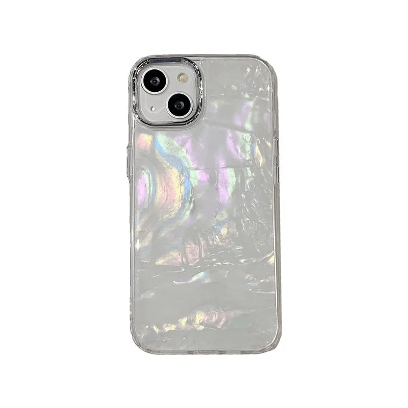 White TPU phone case with fantasy shell pattern compatible with iPhone 13 showing back design and side buttons