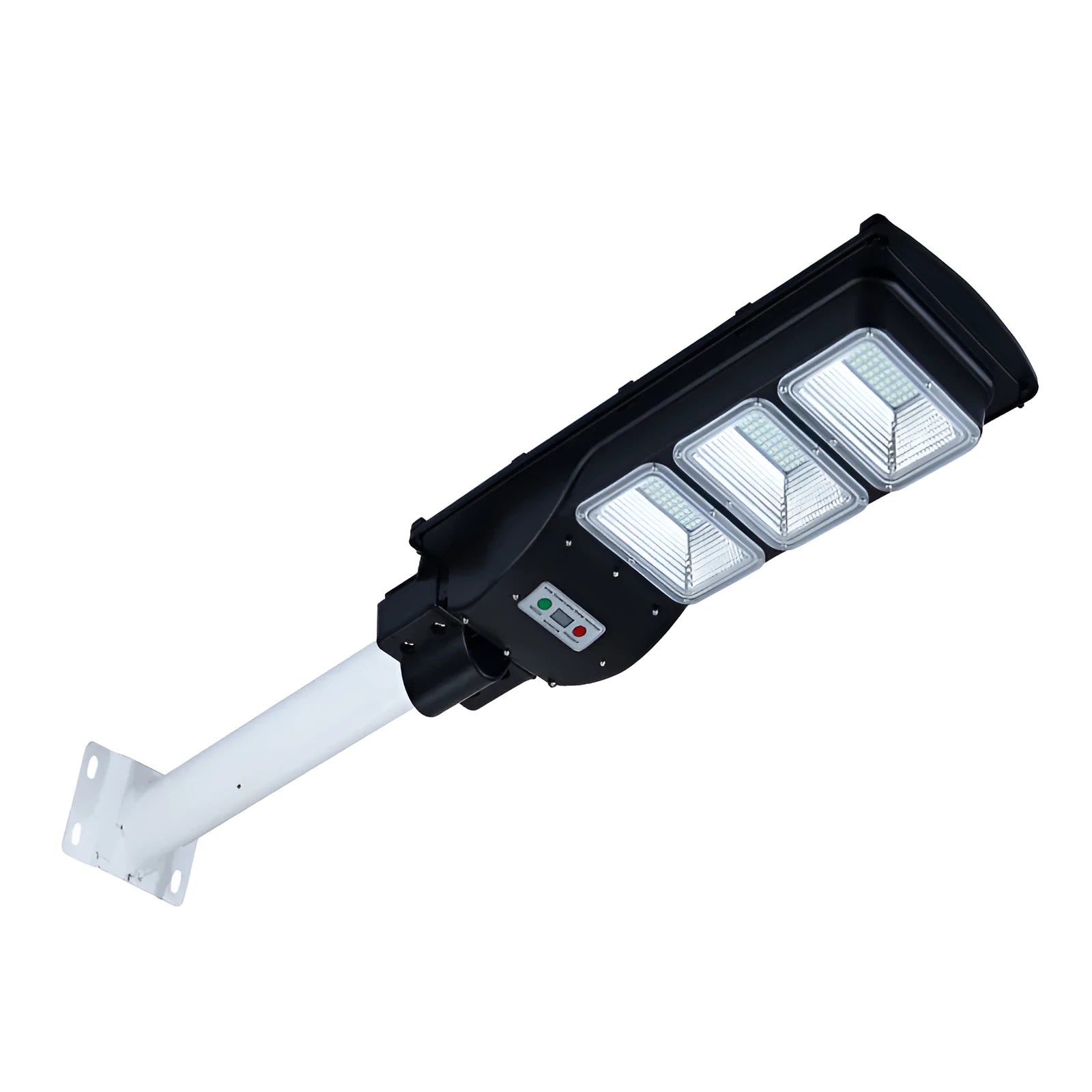 Integrated solar street light with LED panel and remote control for outdoor use.