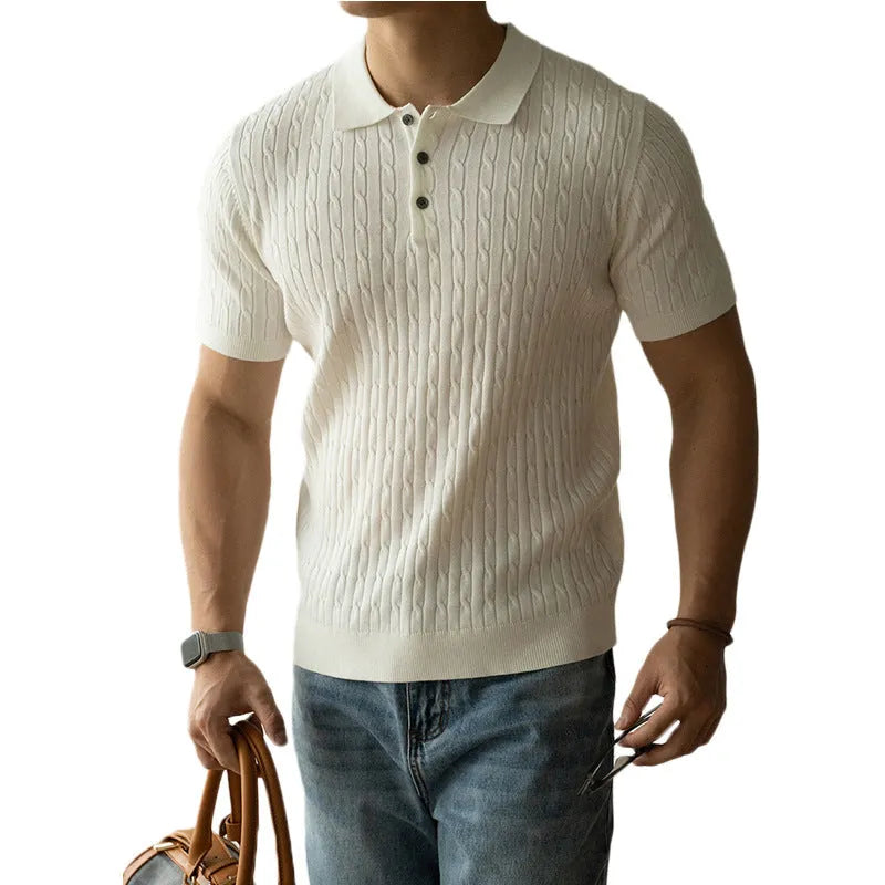 Men's khaki short-sleeve business top on a hanger, showing button placket and tailored fit.