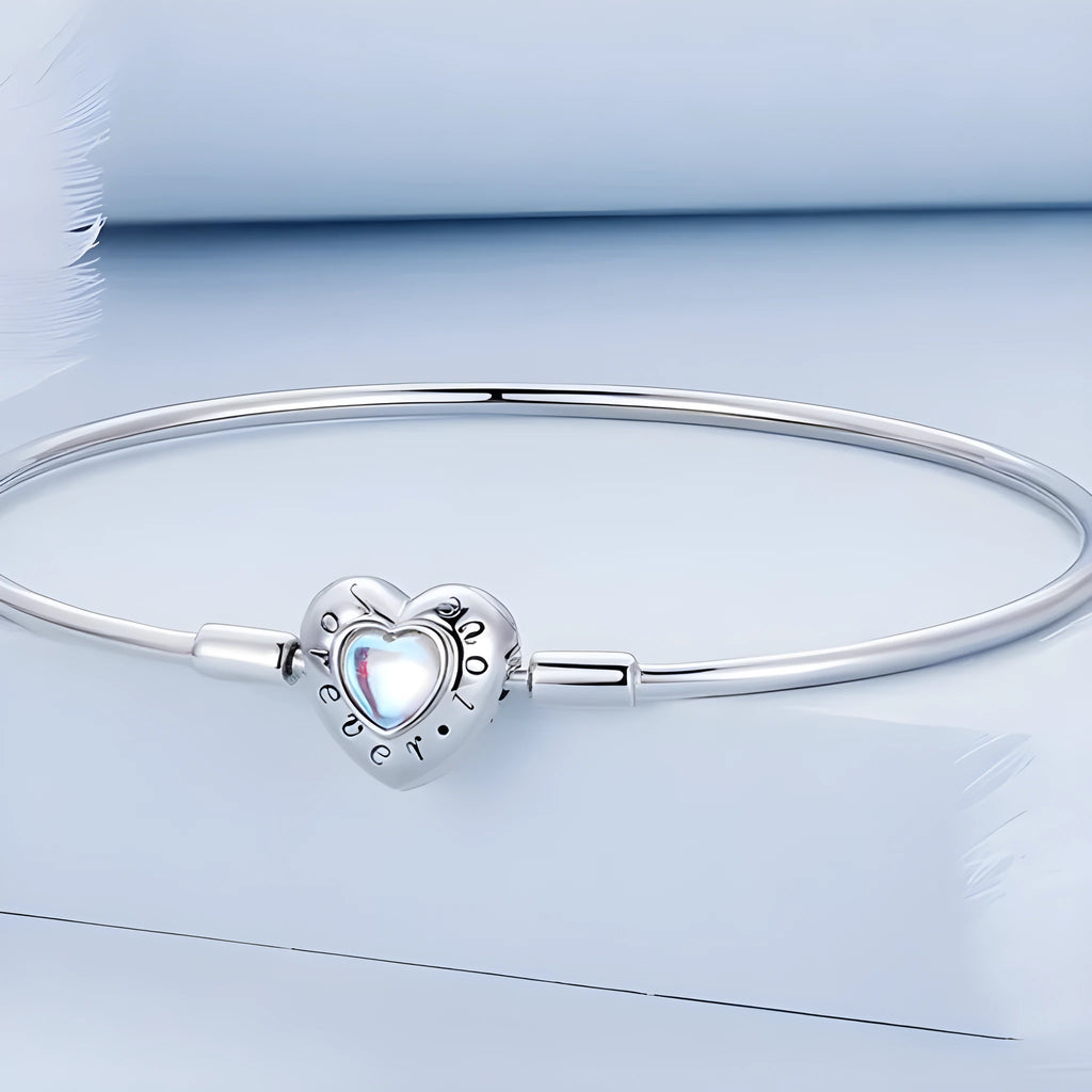 925 silver heart moonstone bracelet on white surface showing pendant and chain lengths 17cm 19cm 21cm