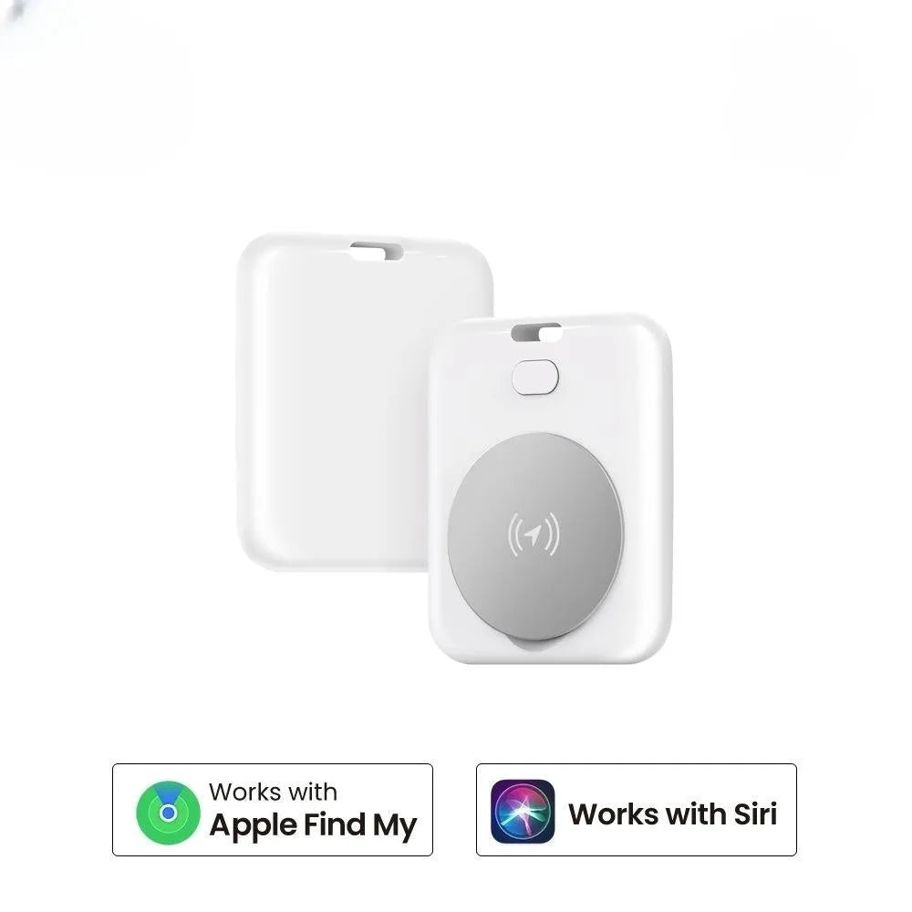 White ABS plastic pet tracking device with portable wearing attachment for Apple devices