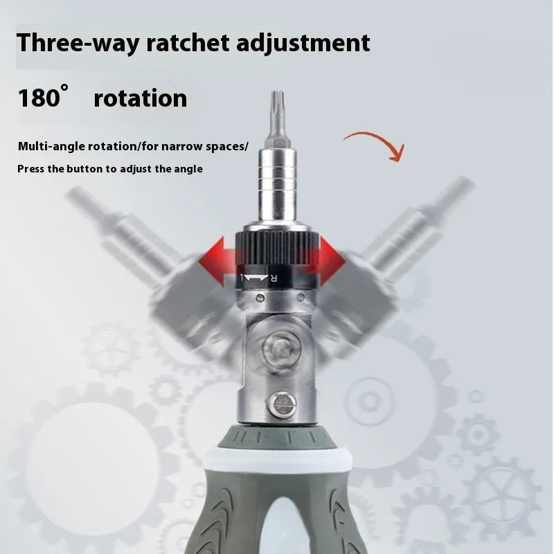 Multi-angle ratchet screwdriver set with chrome vanadium steel bits and red background extension rod
