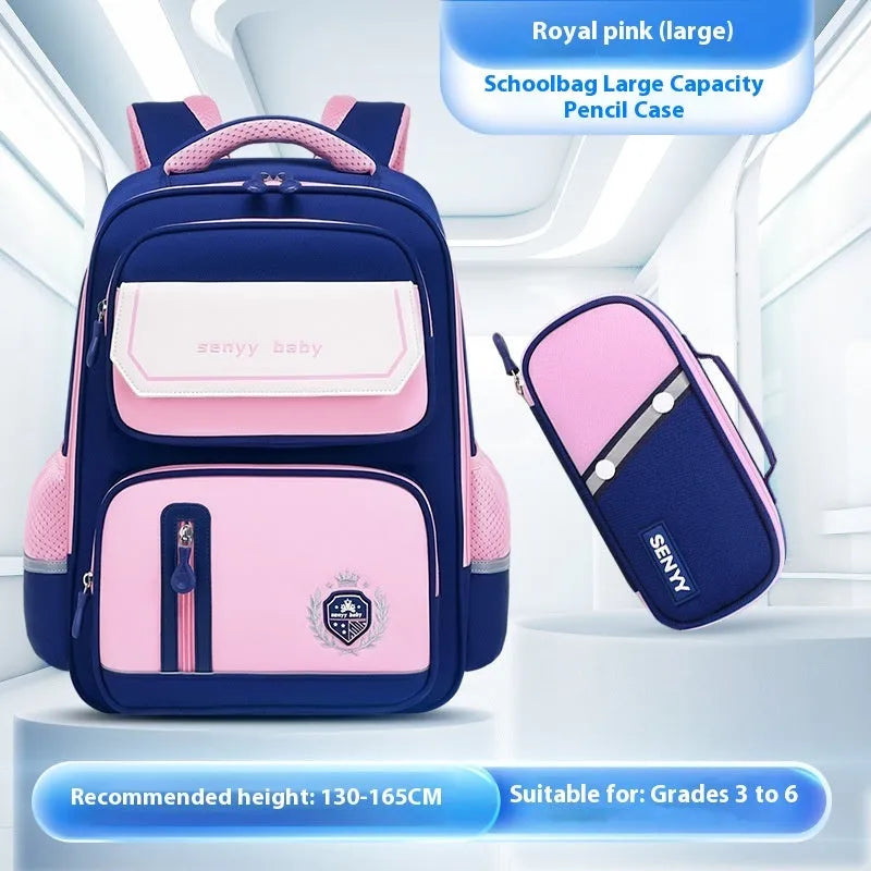 Children's spine protector backpack in blue, made of water-repellent Oxford cloth, size 38x30x15cm
