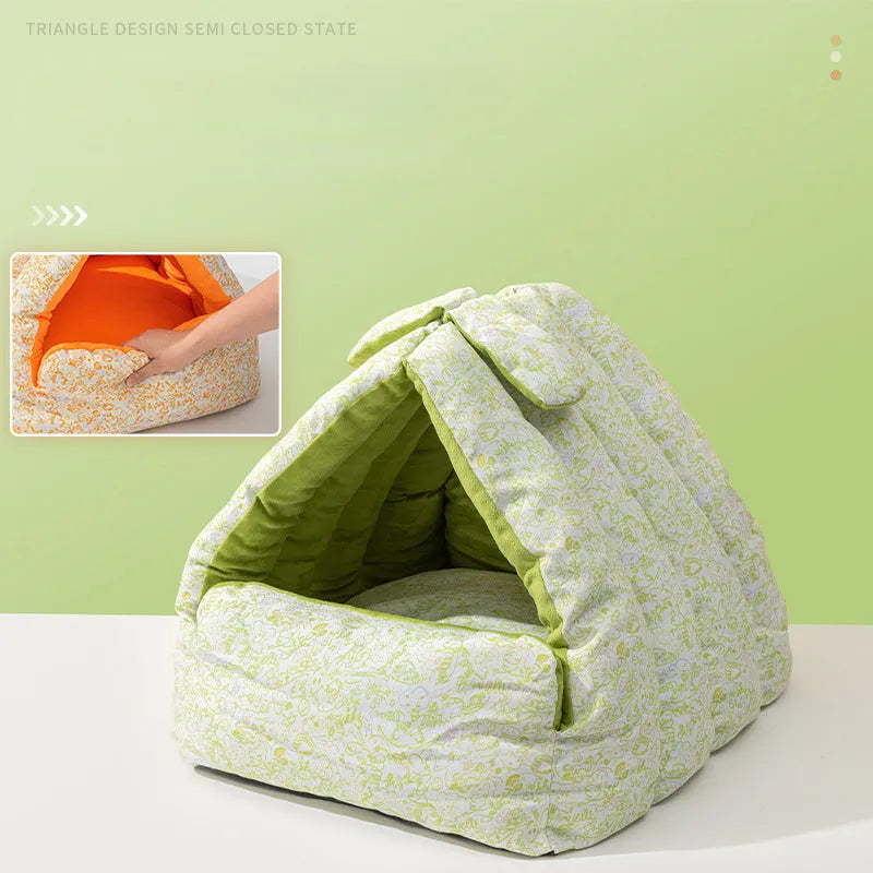 New Rabbit Triangle Nest semi-enclosed pet bed for cats and dogs, thickened, double-sided, green