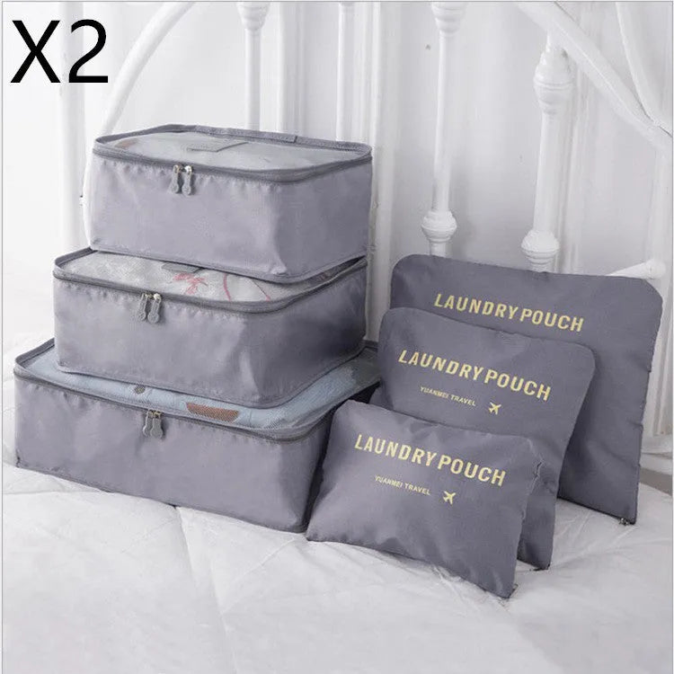 6 piece polyester travel storage bag set in hand bag type shape for clothes and cosmetic organisation, various colour options