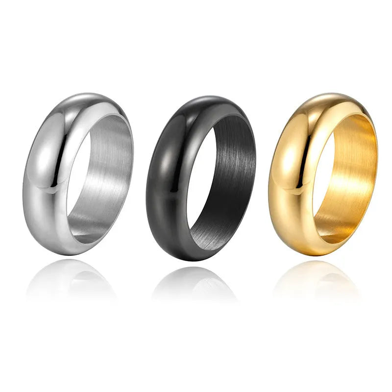 Glossy electroplated titanium steel ring in gold, black, and steel colour showing size range 7-12