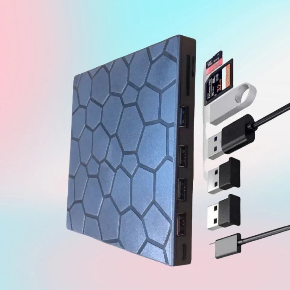 Black external USB CD/DVD drive with compact rectangular design on desktop
