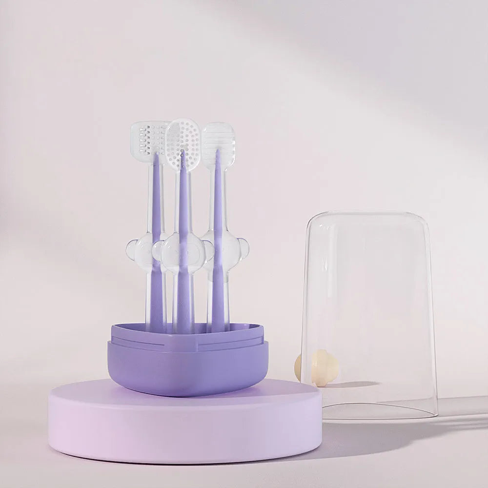 Pet toothbrush with dual silicone bristle heads in purple colour for dog and cat teeth cleaning